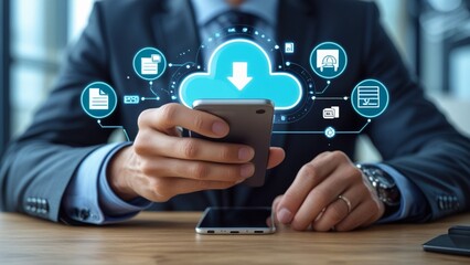 businessman touching virtual screen