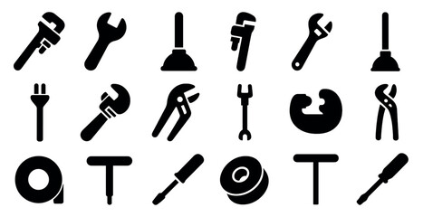 Obraz premium Plumbing and tools solid icons set – silhouette, repair, maintenance symbols