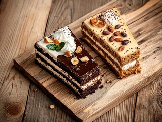 Chocolate and Vanilla Cakes with Nuts on Wooden Board, Top View
