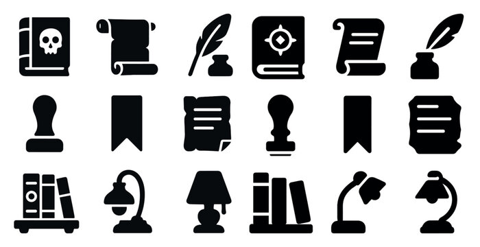 Book and library solid icons set – filled, literary, reading and education symbols