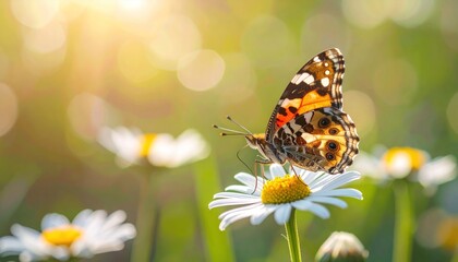 Butterfly resting on daisy, wings open, backlit by golden light with bokeh over blurred green meadow