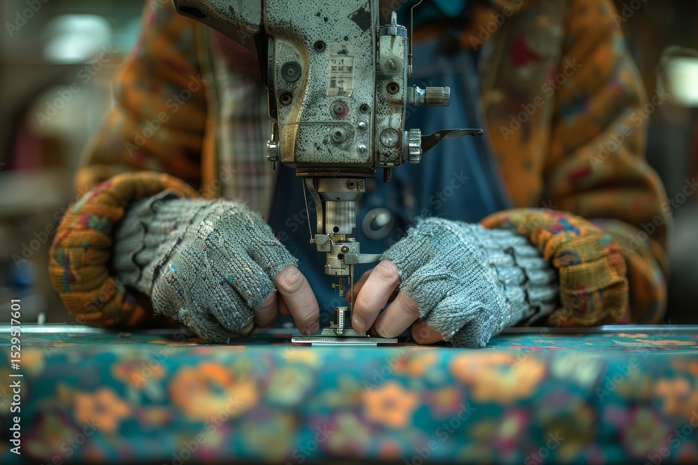 Aufkleber hands skillfully operate a sewing machine while creating fabric art, illustrating dedication and cra