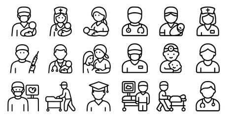 Medical and healthcare outline icons set – linear, line, doctor and nurse symbols