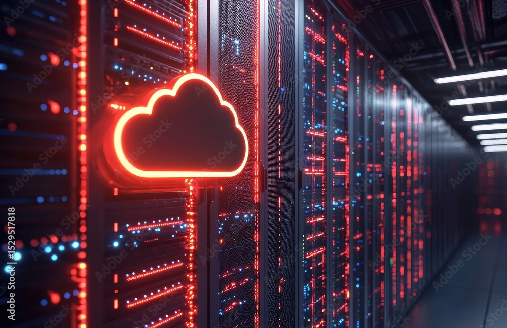 Fototapete Server room with glowing red cloud icon and blue lights highlighting cloud computing and digital infrastructure, ideal for cybersecurity, tech networks, and data center system visualizations