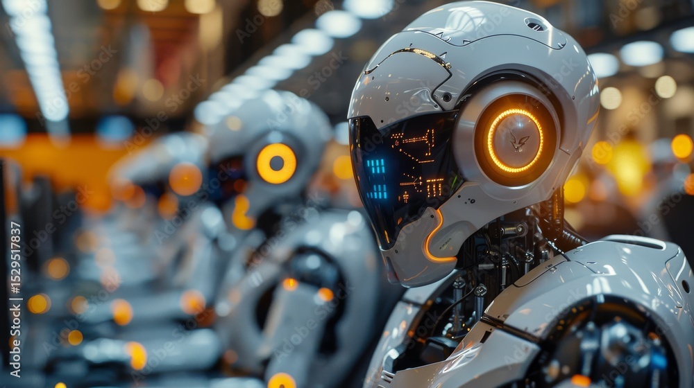Poster a futuristic robot showcasing advanced technology and design, featuring sleek lines and glowing elem