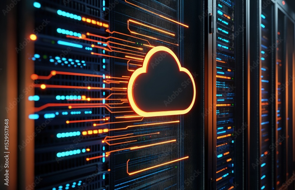 Aufkleber High-tech server rack with glowing orange cloud icon and digital circuit lines, perfect for illustrating cloud infrastructure, data routing, and secure computing networks in modern IT environments