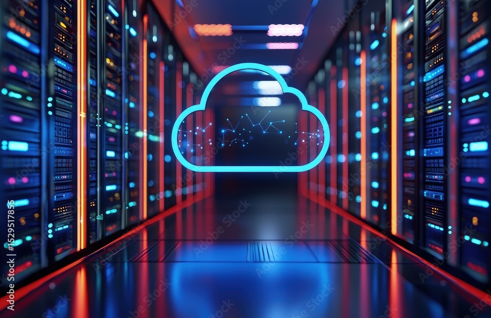 Fototapete Modern server room with glowing blue cloud icon and digital data points, representing advanced cloud computing and network infrastructure, great for illustrating analytics, AI, and tech systems