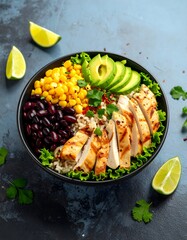 Healthy chicken burrito bowl with rice, beans, corn and avocado slices