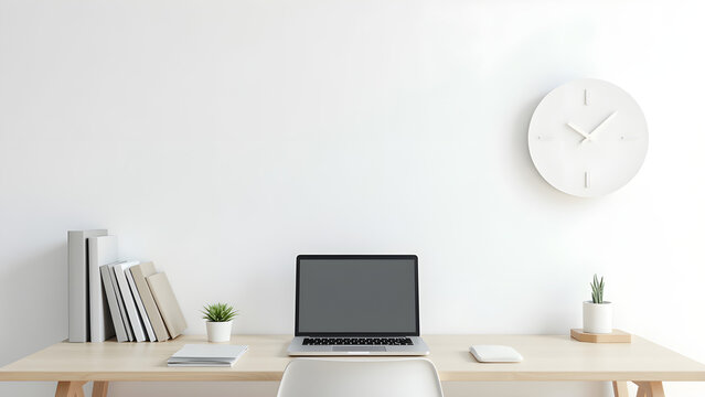 Minimalist home office space with clean lines a laptop, and a small bookshelf against a white wall