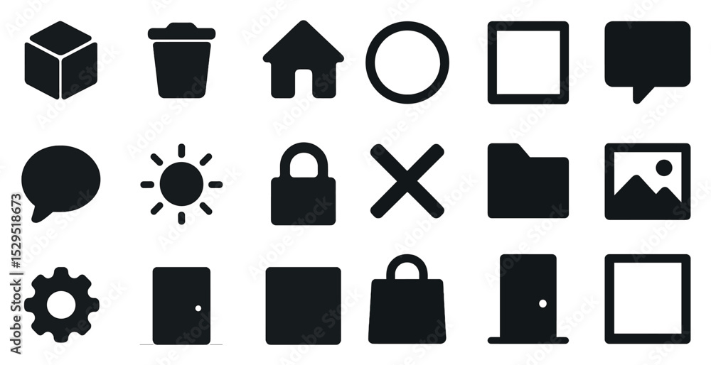 Poster essential ui solid icons set – filled, silhouette, interface design elements