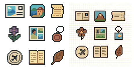 Travel and tourism icons set – pixel art, outline, vacation and trip symbols