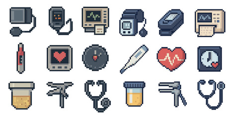 Medical pixel art icons set – healthcare, digital, hospital equipment symbols