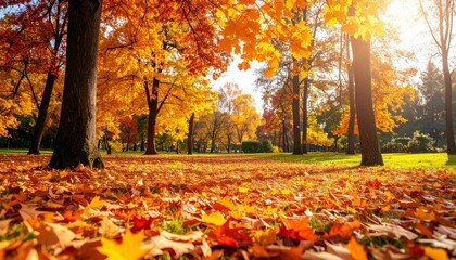 A sunlit park blanketed in vibrant orange and yellow autumn leaves with tall trees and a peaceful, bright atmosphere.