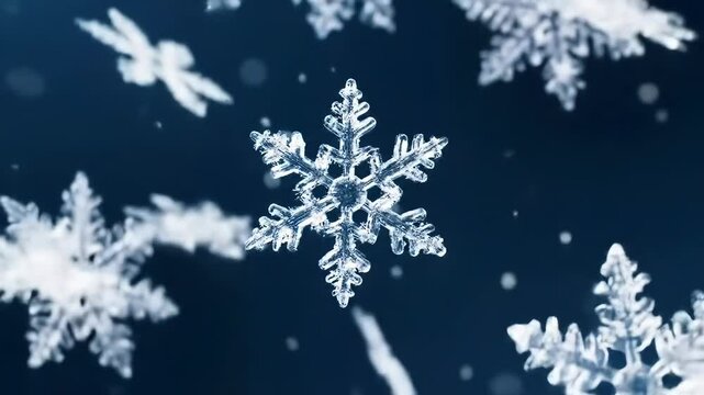 Un flocon de neige fig&eacute; dans l'air au milieu des chutes de neige sur un fond bleu marine fonc&eacute;, vid&eacute;o festive pour No&euml;l et le Nouvel An.