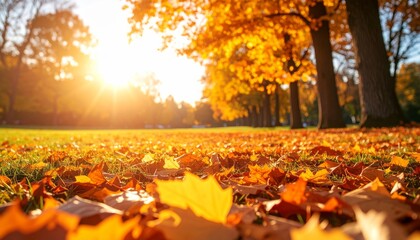 A bright sunrise illuminates a park with golden autumn leaves covering the ground and trees in warm fall colors.