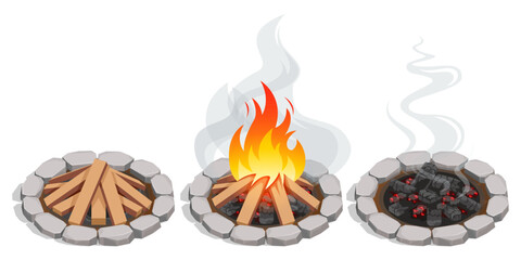 Isometric crackling campfire with glowing embers, flickering flames dancing around arranged logs, casting warm light and gentle smoke into the night air, evoking coziness and outdoor adventure.