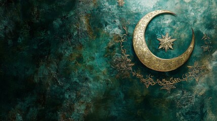 Gold Crescent Moon and Star on Teal Background