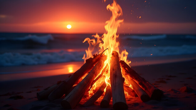 Cozy beach bonfire at twilight with glowing embers, creating warm atmosphere against vibrant sunset. waves gently lap at shore, enhancing serene ambiance