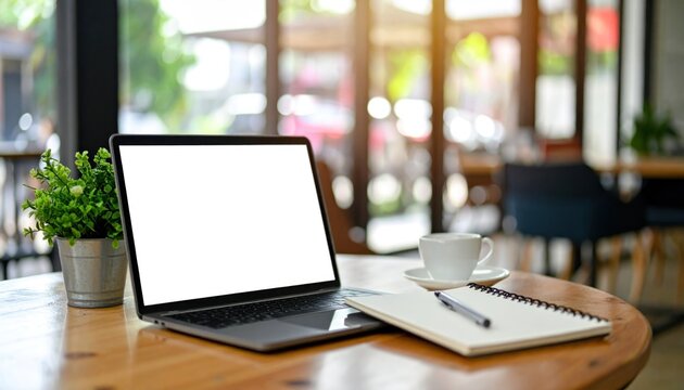 Laptop with blank screen on wooden table beside plant, coffee, and notebook in bright cafe setting