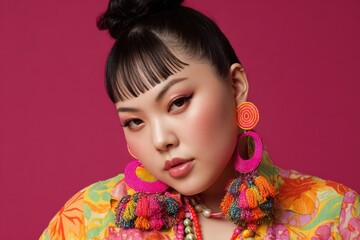 Stylish plus size Asian woman in cool fashion and dramatic makeup