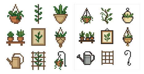 Gardening tools pixel art icons set – outline, linear, garden and plant symbols