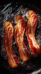 Three crispy bacon strips sizzling in hot oil inside a black cast iron pan. Grease bubbles and droplets in motion with golden red texture and dramatic lighting.