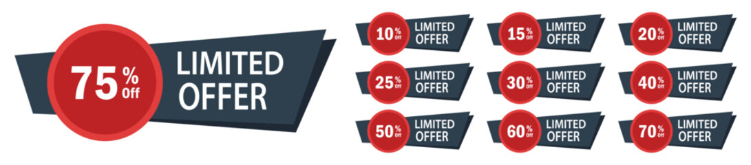 Limited offer sale badges with percentage discounts, ideal for e-commerce promotions, advertising campaigns, and special retail deals