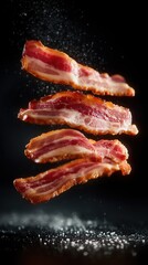 Three crispy bacon slices falling with crumbs on black background. Juicy fried pork strips in motion with grease particles and dramatic lighting in gourmet food photography style.