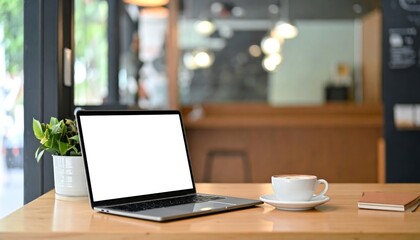Laptop on table with coffee, plant, and notebook in a bright, modern workspace