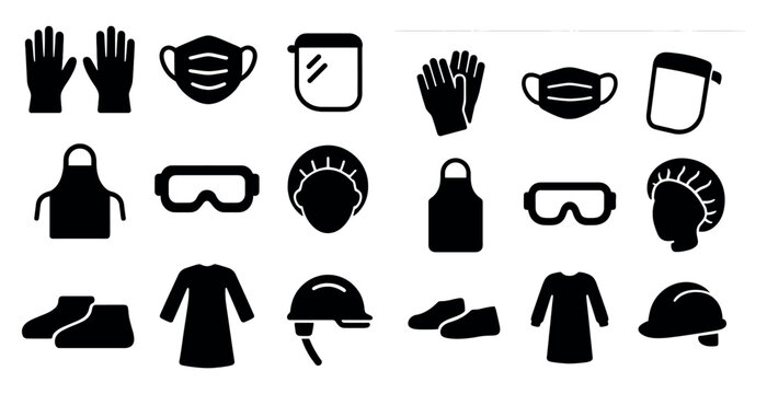 Medical ppe silhouette icons set – protective, safety, healthcare equipment symbols