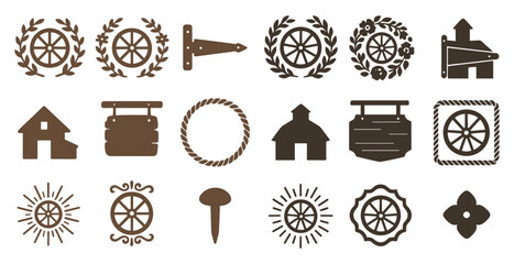 Rustic farmhouse silhouette icons set – vintage, outline, countryside symbols