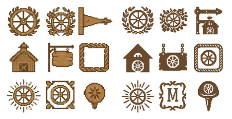 Vintage compass pixel art icons set – retro, nautical, navigation graphics