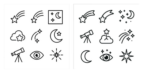 Starry night outline icons set – celestial, astronomy, cosmic symbols collection