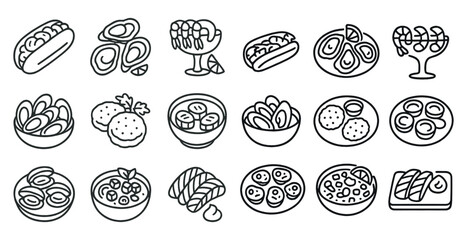 Japanese cuisine outline icons set – sushi, ramen, food and dining symbols