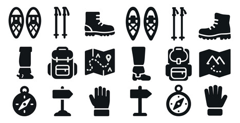 Outdoor adventure solid icons set – camping, hiking, travel symbols