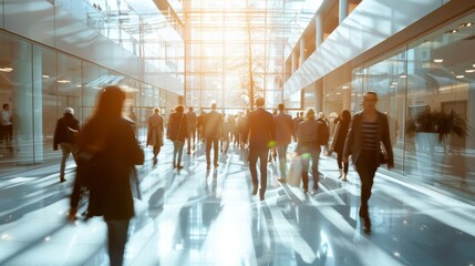 An energetic office lobby filled with people walking in various directions, enhanced by bright sunlight streaming through large glass windows creating a lively atmosphere.