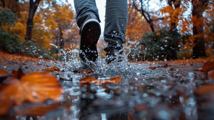A close-up shot of feet splashing in a puddle during a rainy autumn day, capturing the joy and carefree spirit that comes from playful engagement with nature.