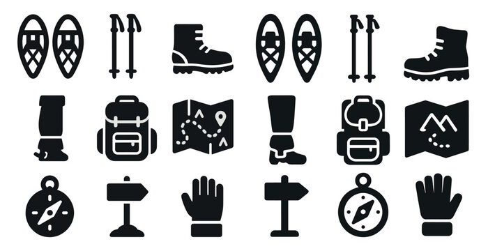 Outdoor adventure solid icons set – camping, hiking, travel symbols