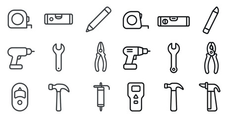 Construction tools outline icons set – line, diy, building and repair symbols
