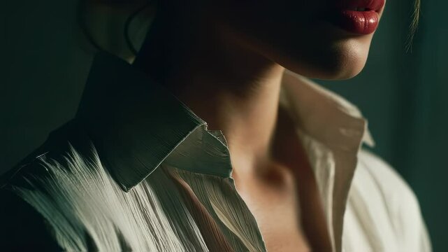Sensual close up highlighting woman's neck and collarbone, wearing partially unbuttoned white shirt with dramatic shadows, accentuating elegant facial features and red lipstick