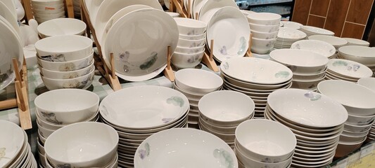 Porcelain bowls and plates waiting to be sold