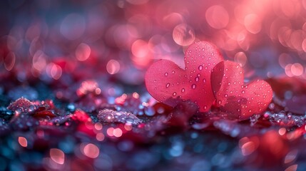 Two delightful red hearts adorned with glistening dew drops, set against a dreamy, bokeh background that evokes feelings of love and romance in a visually poetic manner.