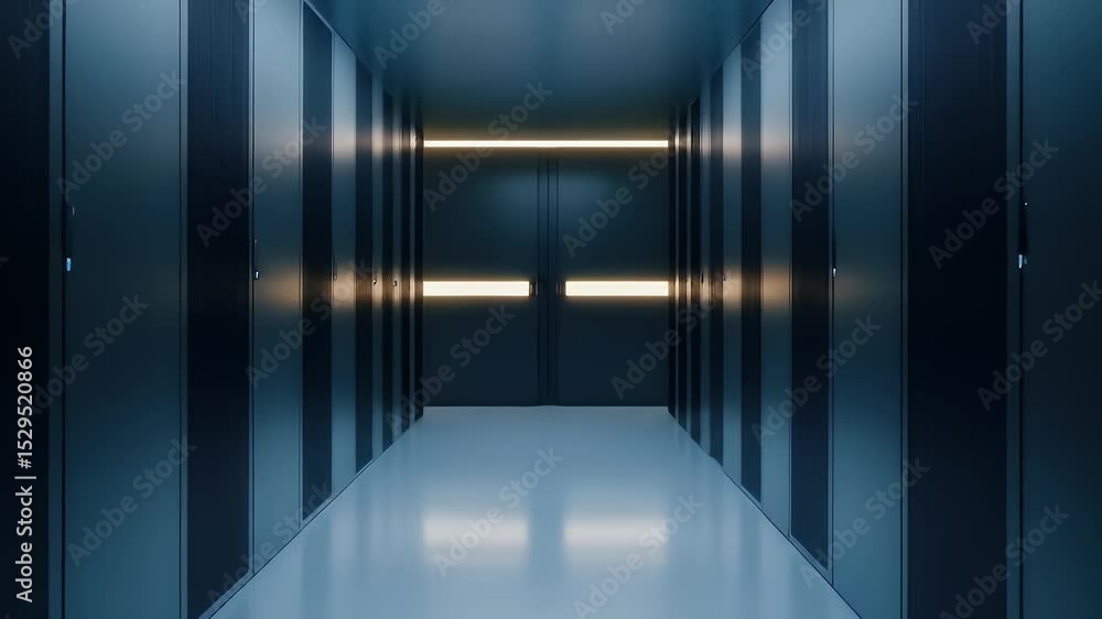 Poster illuminated hallway with parallel blue doors and smooth white floor creating a symmetrical and minim
