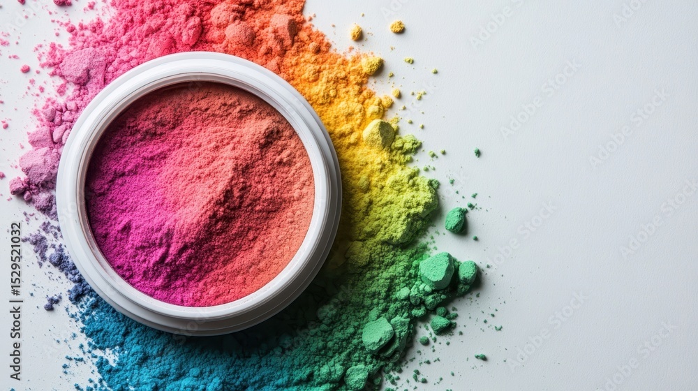 Poster a vibrant array of colorful powders spills across a white surface, representing creativity and artis