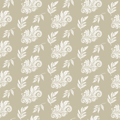 Elegant seamless pattern with white and beige damask-style leaves and branches. A classic, ornate botanical design for luxury wallpaper, fabric, and invitations.