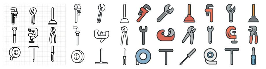 Fototapeta premium Plumbing tools outline icons set – flat, vector, repair and maintenance symbols