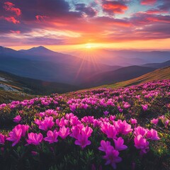Obraz premium Magic pink flowers rhododendrons at sunset in a mountainous area. Location place Carpathian mountains, National Park Chornohora, Ukraine, Europe. Exotic photo wallpaper. Discover the beauty of world.