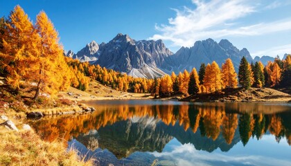 A serene mountain lake reflects golden autumn trees under a bright blue sky with rugged peaks in the background.