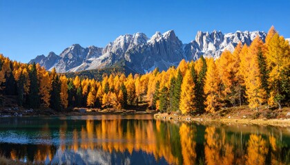 Autumn forest with golden trees reflecting in a calm lake, set against a backdrop of rugged snow-capped mountains under a clear blue sky.