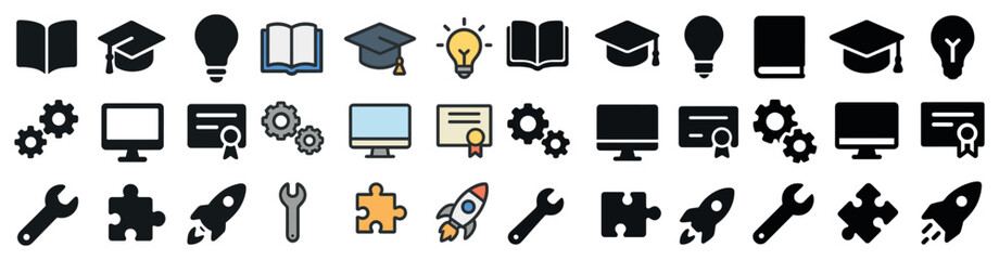 Education and learning icons set – filled, flat, academic and study symbols